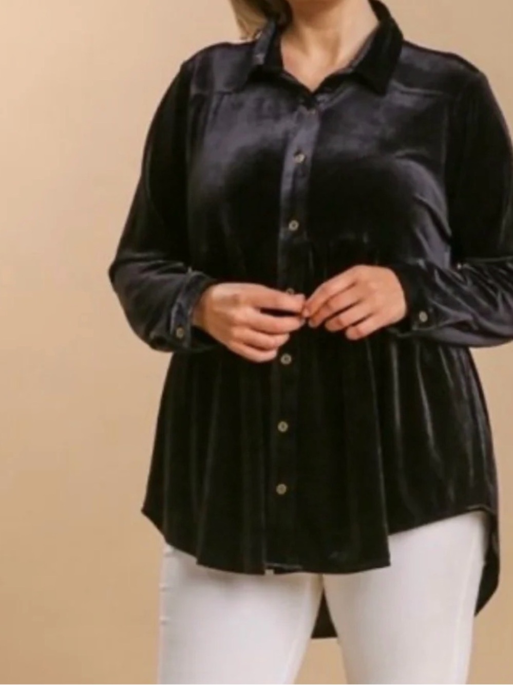 Umgee Peplum Long Sleeve Flare Whimsigoth Velvet Collar Button Down Tunic Dress